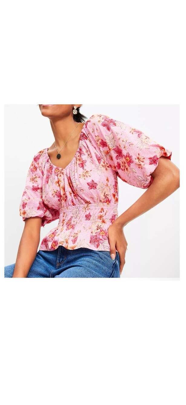 LOFT Lily Gathered Waist Floral Puff Sleeve Blouse large boho Flirty